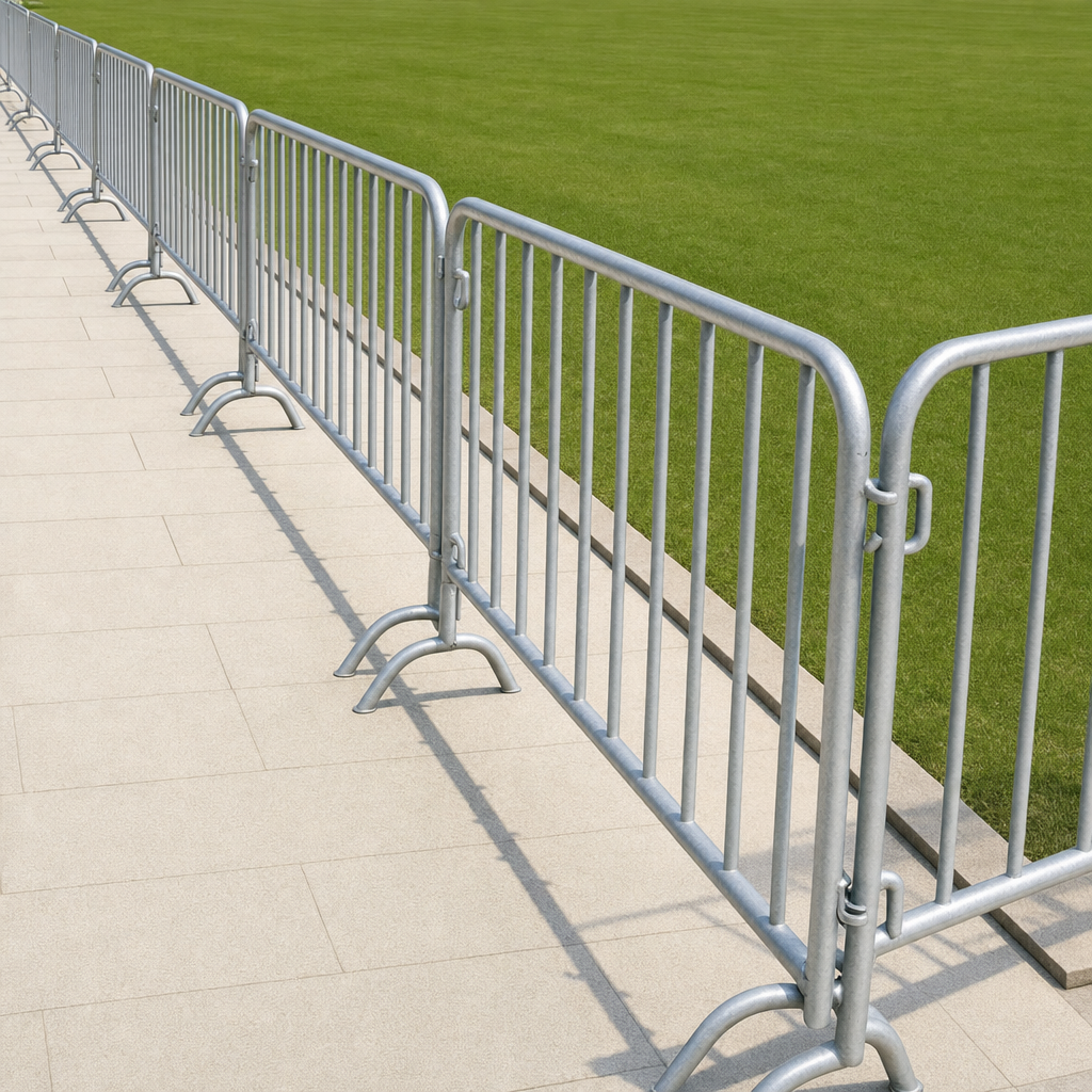 Run of interlocking galvanized steel crowd control barricades forming a controlled line