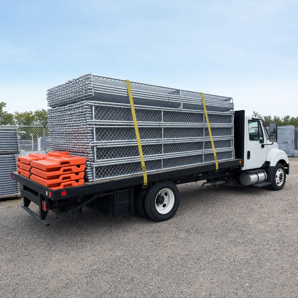 Stacked galvanized fence panels loaded on a flatbed truck ready for metro delivery