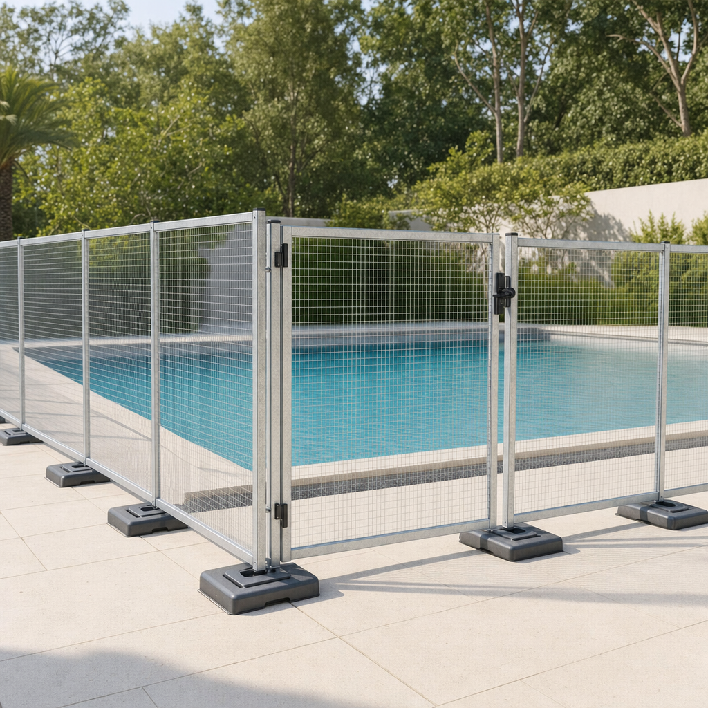 Removable mesh pool-code fence enclosing a pool area